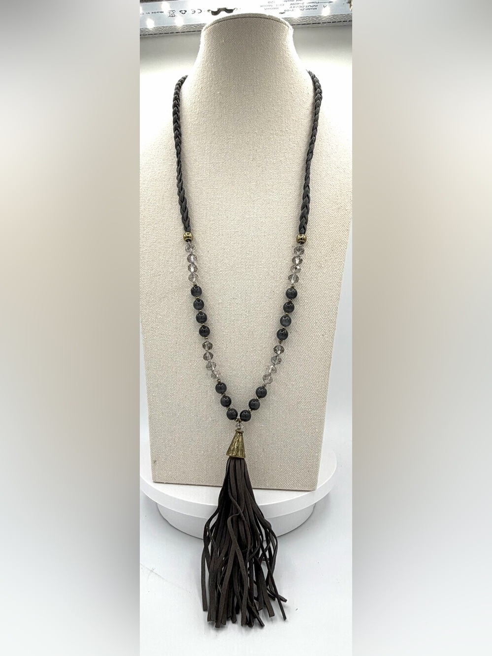 Earthy Gray Beaded Leatherette tassel pendant necklace Bohemian Gypsy Style - Picture 5 of 7